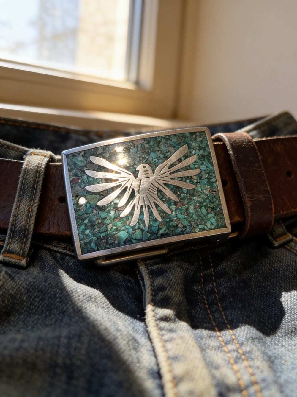 Vintage Mexican Silver and Turquoise Belt Buckle